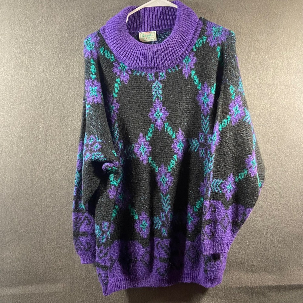 vintage Benetton coogi Sweater Oversized Purple Geometric Made in Italy Knit